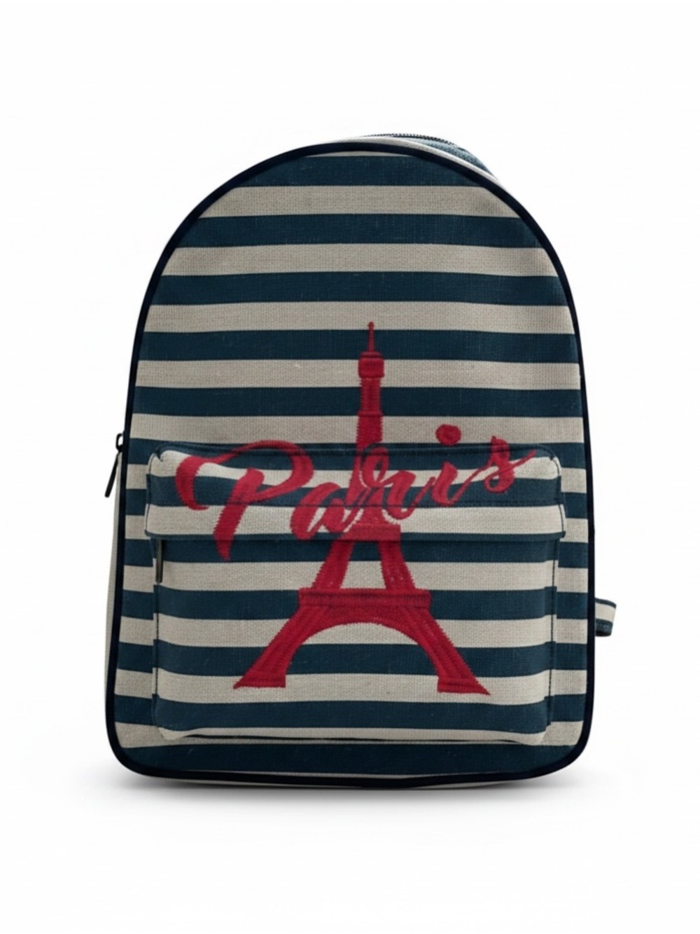 Paris Backpack with Navy Stripes and Red Embroidered Eiffel Tower